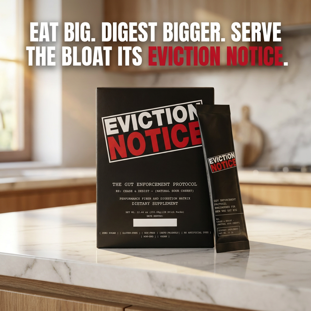 Eviction Notice ad — product hero with real packaging
